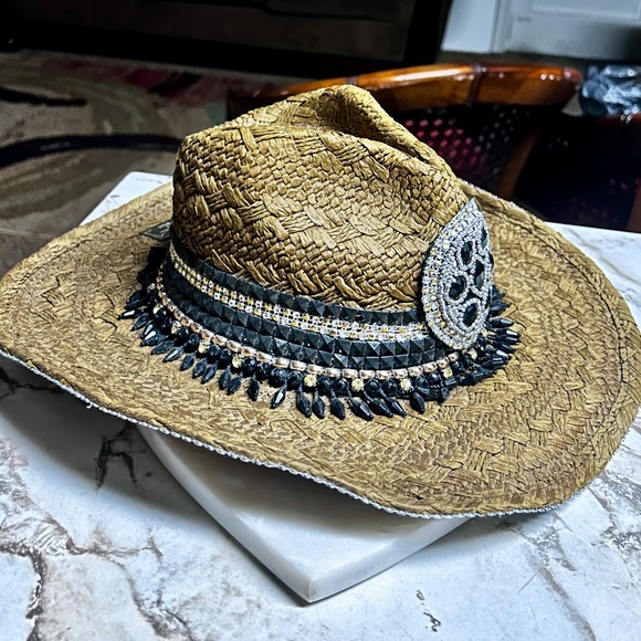 Whittall & Shon ~Brown W/Black & Gold Beaded/Rhinestones Bling Straw Cowboy Hat - Picture 6 of 16